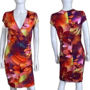 Vintage Cache Women's Size L Floral Tropical Faux Wrap Mini Dress Hawaiian USA